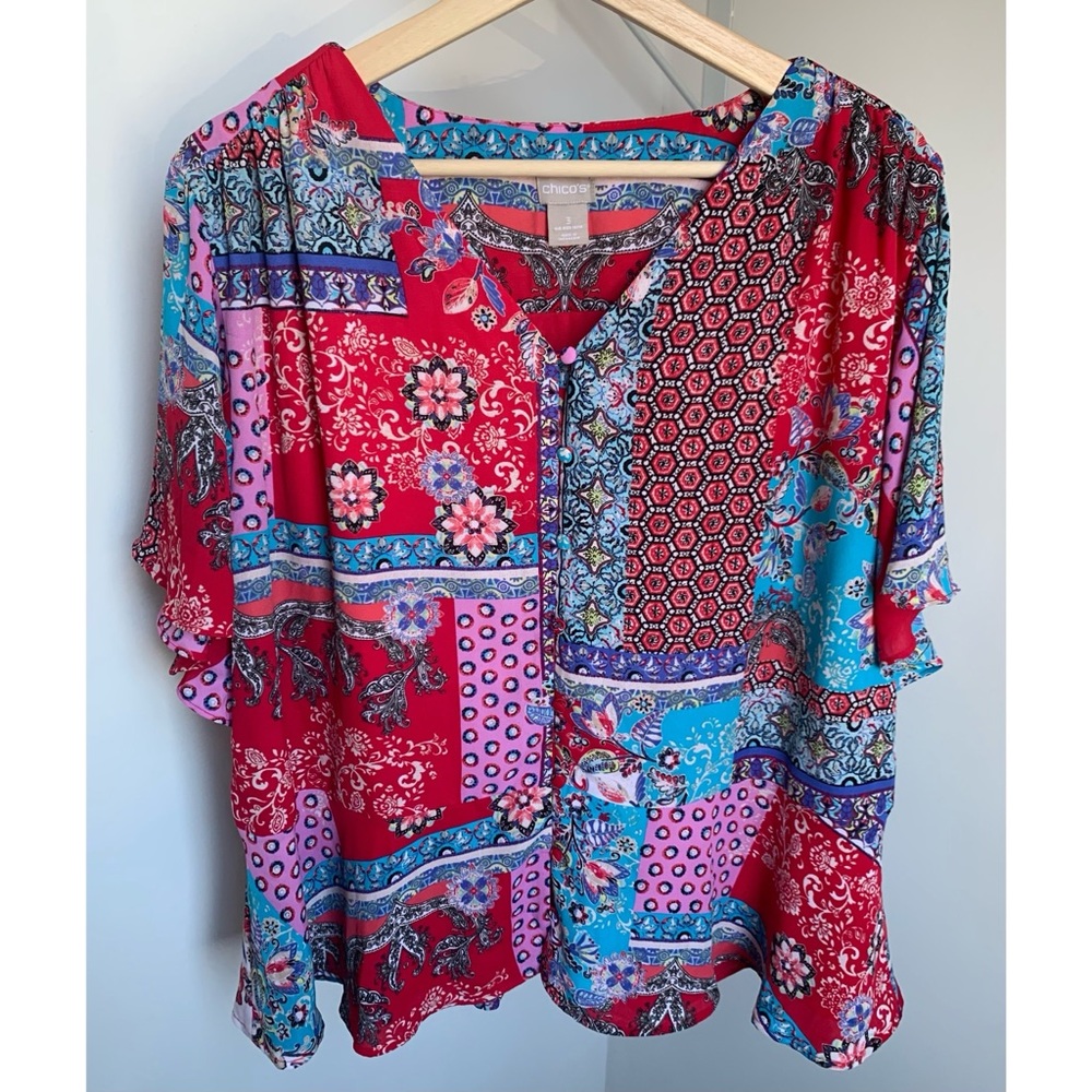 Chico’s • 3 • Patchwork Peplum Flutter Sleeve - image 1